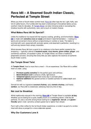 Rava Idli – A Steamed South Indian Classic, Perfected at Temple Street