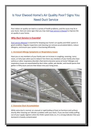 Is Your Elwood Home's Air Quality Poor Signs You Need Duct Service