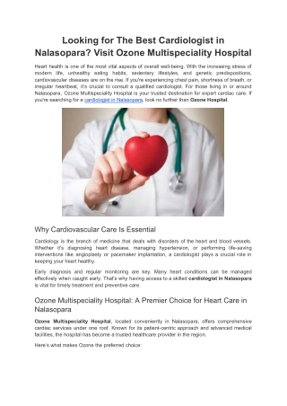 Looking for The Best Cardiologist in Nalasopara? Visit Ozone Hospital