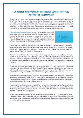 Understanding Premium Intraocular Lenses - Are They Worth The Investment