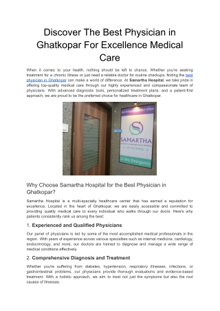 Discover The Best Physician in Ghatkopar For Excellence Medical Care