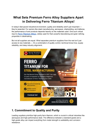 What Sets Premium Ferro Alloy Suppliers Apart in Delivering Ferro Titanium Alloys!