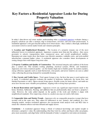 Key Factors a Residential Appraiser Looks for During Property Valuation