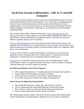 Top B.Tech Courses in Maharashtra – CSE, AI, IT, and ECE Compared