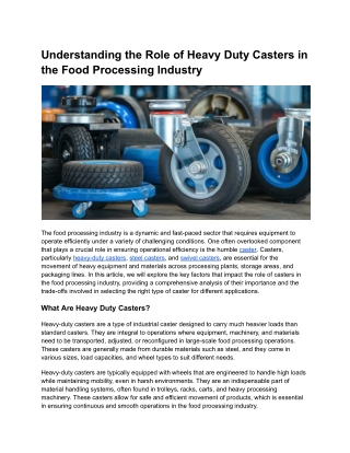 Understanding the Role of Heavy Duty Casters in the Food Processing Industry