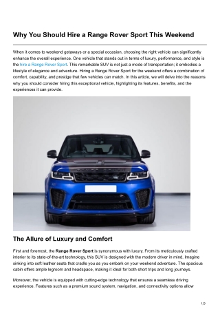 Why You Should Hire a Range Rover Sport This Weekend