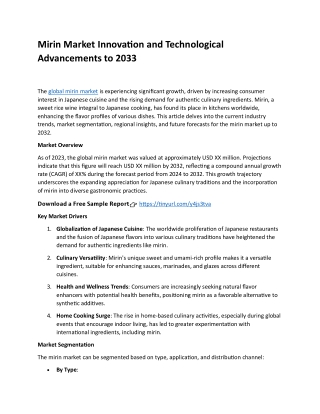 Mirin Market Innovation and Technological Advancements to 2033