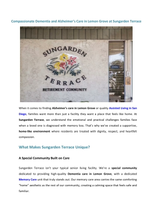 Compassionate Dementia and Alzheimer’s Care in Lemon Grove at Sungarden Terrace