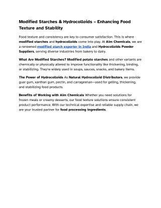 Modified Starches & Hydrocolloids – Enhancing Food Texture and Stability
