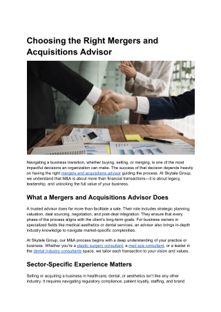 Choosing the Right Mergers and Acquisitions Advisor