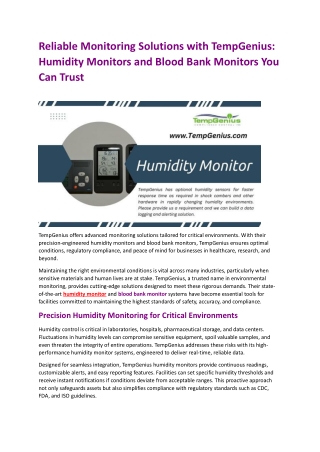 Reliable Monitoring Solutions with TempGenius Humidity Monitors and Blood Bank Monitors You Can Trust