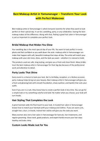 Best Makeup Artist in Yamunanagar – Transform Your Look with Perfect Makeover