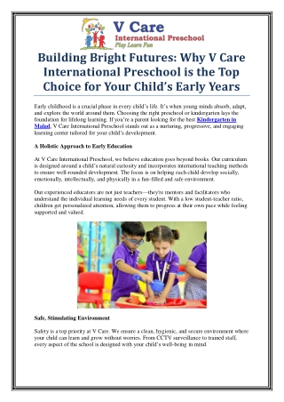 Discover the Best Kindergarten in Malad – V Care International Preschool