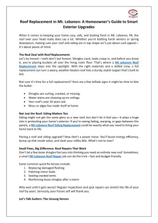 Roof Replacement in Mt. Lebanon: A Homeowner’s Guide to Smart Exterior Upgrades