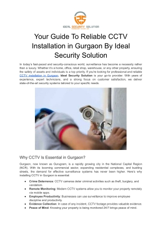 Your Guide To Reliable CCTV Installation in Gurgaon By Ideal Security Solution