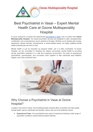 Best Psychiatrist in Vasai – Expert Mental Health Care at Ozone Multispeciality