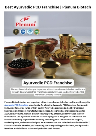 Best Ayurvedic pcd franchise | Plenum Biotech