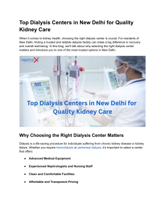 Top Dialysis Centers in New Delhi for Quality Kidney Care
