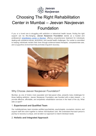 Choosing The Right Rehabilitation Center in Mumbai – Jeevan Navjeevan Foundation