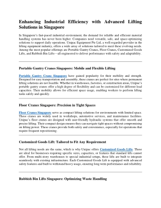 Enhancing Industrial Efficiency with Advanced Lifting Solutions in Singapore