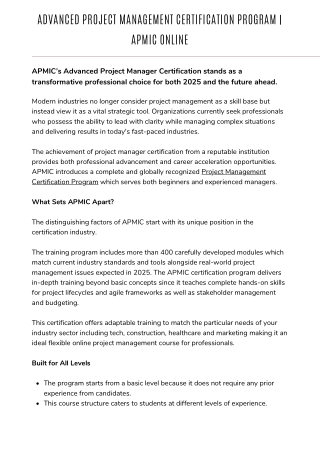 Advanced Project Management Certification Program  APMIC Online