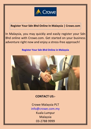 Register Your Sdn Bhd Online In Malaysia Crowe.com
