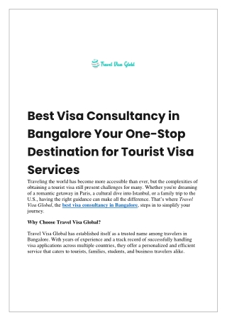 Best Visa Consultancy in Bangalore Your One-Stop Destination for Tourist Visa Services