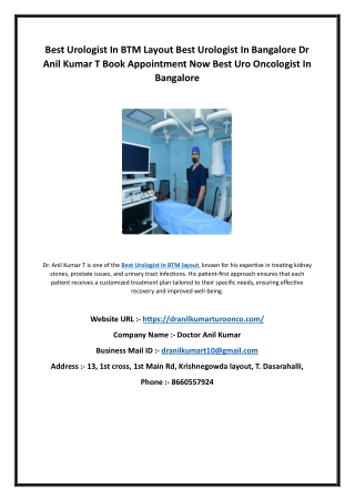 Best Urologist In BTM Layout Best Urologist In Bangalore Dr Anil Kumar T Book Appointment Now Best Uro Oncologist In Ban