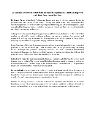 Dr James Farley Comes Up With a Scientific Approach That Can Improve and Slow Functional Decline