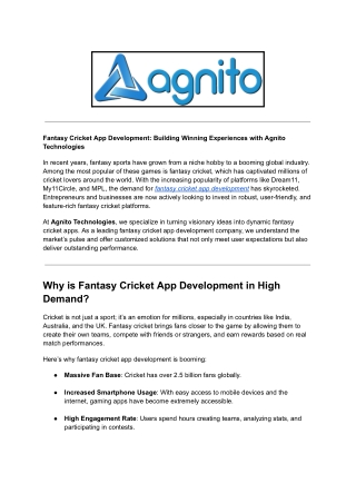 Fantasy Cricket App Development_ Building Winning Experiences with Agnito Technologies