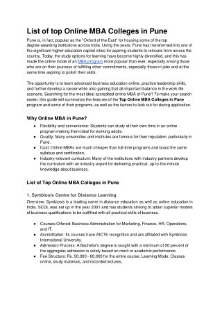 List of top Online MBA Colleges in Pune