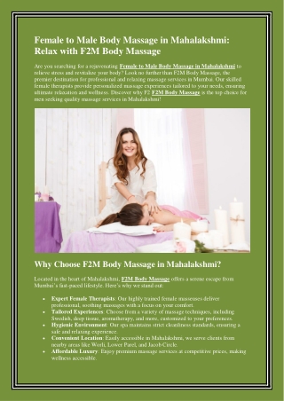 Female to Male Body Massage in Mahalakshmi