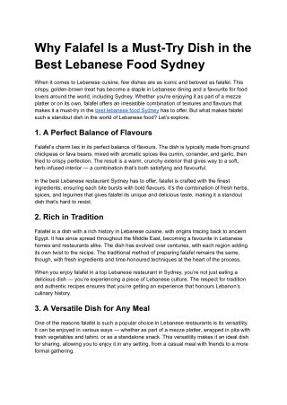 Why Falafel Is a Must-Try Dish in the Best Lebanese Food Sydney