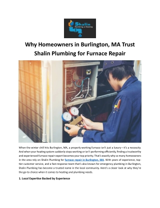 Why Homeowners in Burlington, MA Trust Shalin Plumbing for Furnace Repair