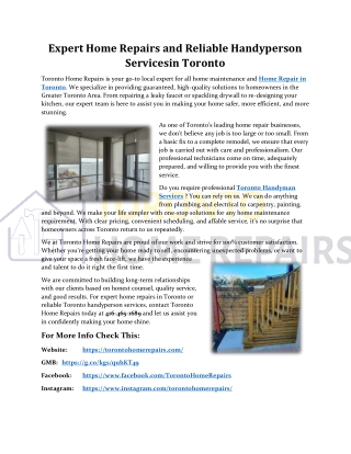 Expert Home Repairs and Reliable Handyperson Servicesin Toronto