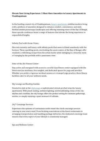 Elevate Your Living Experience 5 Must-Have Amenities in Luxury Apartments in Visakhapatnam