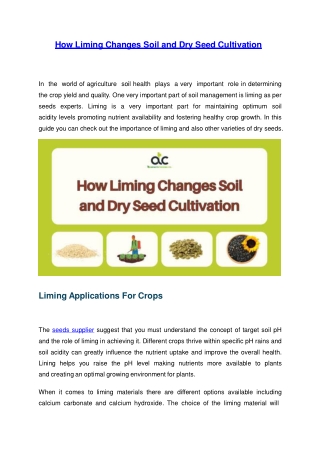 How Liming Changes Soil and Dry Seed Cultivation