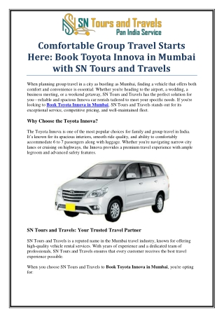 Book Toyota Innova in Mumbai at Best Rates – SN Tours and Travels