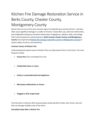 Kitchen Fire Damage Restoration Service in Berks County