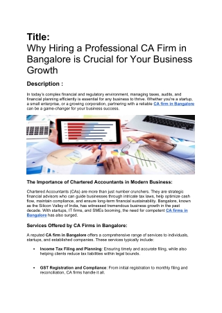 Why Hiring a Professional CA Firm in Bangalore is Crucial for Your Business Growth