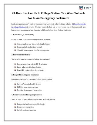 24 Hour Locksmith In College Station Tx - What To Look For In An Emergency Locks