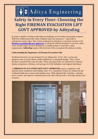 FIREMAN EVACUATION LIFT GOVT APPROVED – Safe & Reliable Solutions by AdityaEng