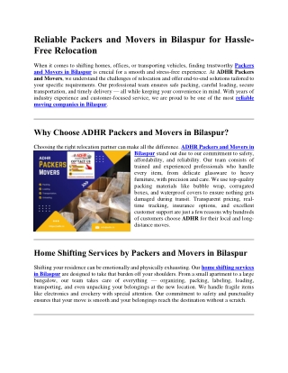 Packers and Movers in Bilaspur, 8262850044