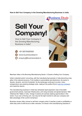 How to Sell Your Company in the Growing Manufacturing Business in India
