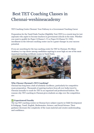 Teacher Eligibility Test (TET) Coaching classes in Chennai - weshineacademy