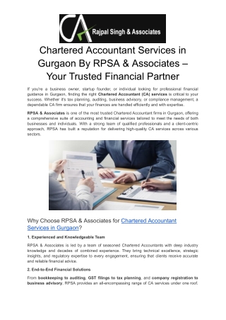 Trusted Chartered Accountant Services in Gurgaon By RPSA & Associates
