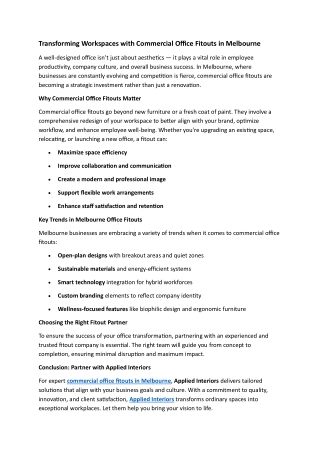 Transforming Workspaces with Commercial Office Fitouts in Melbourne