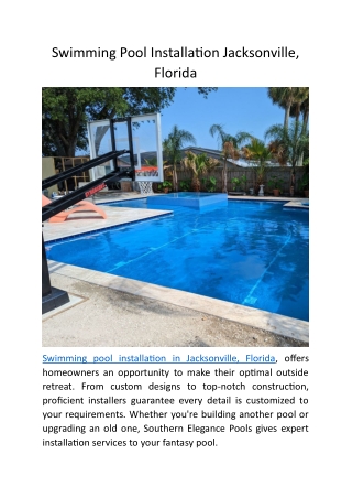 Swimming Pool Installation Jacksonville, Florida