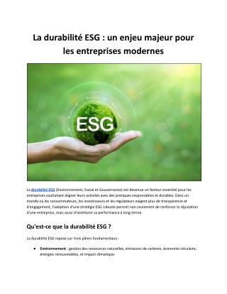 La durabilité ESG : un enjeu majeur pour les entreprises modernes