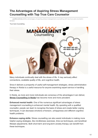 The Advantages of Aspiring Stress Management Counselling with Top True Care Counselor